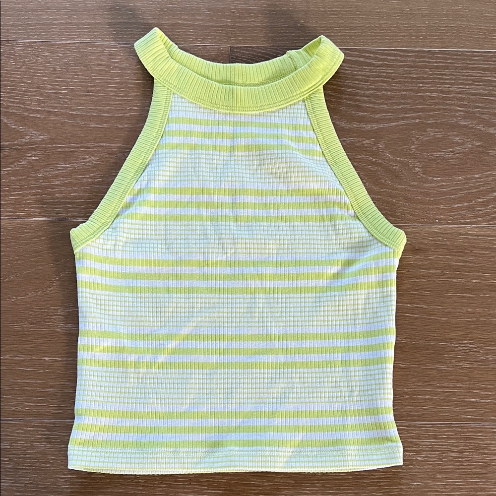 American Eagle Outfitters Neon Green and White Striped High Neck Top | S